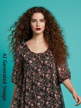 SO It IS Pink Floral Black Lined Babydoll Puffy Sleeve Pullover Top Size L